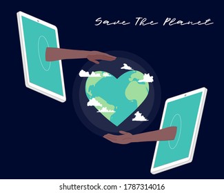 two hands from phones hold the planet vector illustration cartoon flat design modern style 