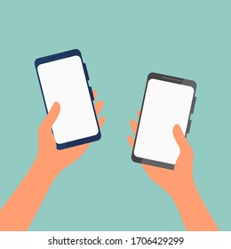 Two hands, two phones. Vector flat cartoon illustration.