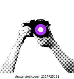 Two hands of the photographer who holds the camera in Halftone style. Human hands taking photos with a reflex camera. realistic vector illustration.