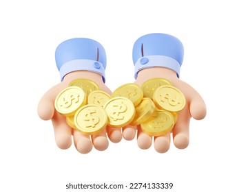 Two hands with pile of gold coins. Concept of money cash, wealth, financial success, savings or charity. Heap of dollar coins on human palms, 3d render illustration isolated on white background svg