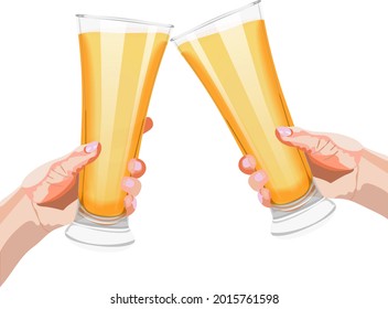 Zwei Hände mit Kissenbrille Bier für Banner, Flyer, Poster, Karten. Leichtes Bier mit Schaumstoff. Internationaler Bier-Tag. Bier-Tag. Alkoholische Getränke. Vektorgrafik einzeln auf weißem Hintergrund.