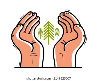 Two hands with pine trees protecting and showing care vector flat style illustration isolated on white, cherish and defense for woods and forests concept, environment protection.