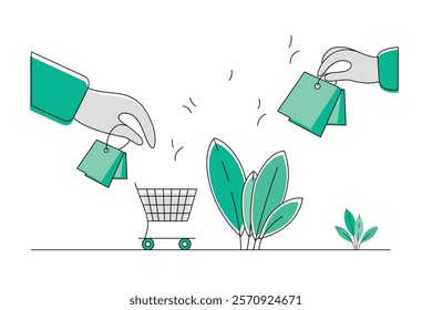 two hands placing green shopping bags into a cart Vector illustration online shopping or delivery, with green elements and plants highlight eco friendly and sustainability modern e-commerce