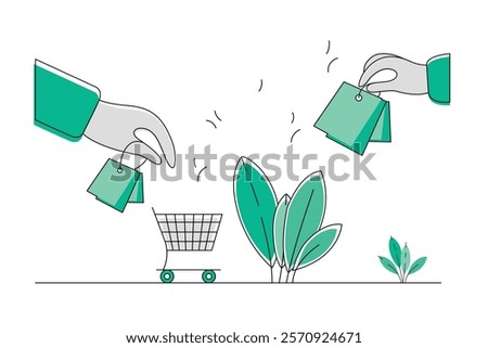 two hands placing green shopping bags into a cart Vector illustration online shopping or delivery, with green elements and plants highlight eco friendly and sustainability modern e-commerce