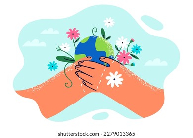 Two hands with planet earth and flowers symbolize environmental activism and care for nature. Globe in hands of volunteers as metaphor for fight against environmental pollution and CO2 emissions