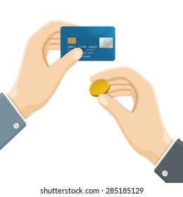 Two Hands with Plastic Credit Bank Card and Gold Coin. Vector Business Illustration.