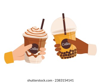 Two hands with plastic glasses with cold drinks. Take away. Vector graphic.