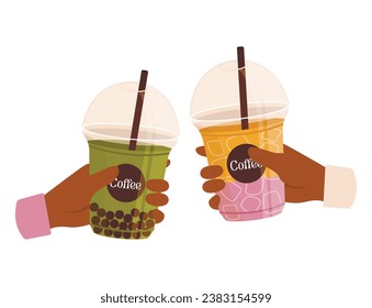 Two hands with plastic glasses with cold drinks. Take away. Vector graphic.