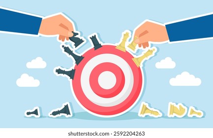 Two hands play chess against each other on a target board, illustration of business competition in achieving company targets