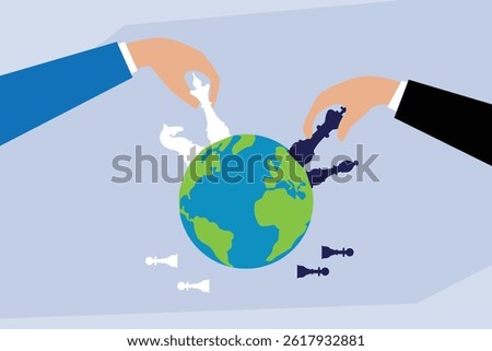 Two hands playing chess with the Earth as the chessboard symbolizing global strategy, power play, and international relations