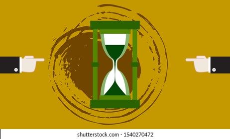 Two hands point to hourglass. Vector flat illustration on tan background. Time management planning for business.  