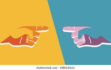Two hands pointing fingers. Braking up. End of business collaboration. Flat vector illustration.