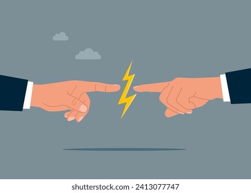 Two hands pointing to lightning bolt. Power of teamwork. Flat vector illustration