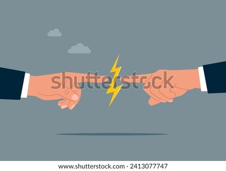 Two hands pointing to lightning bolt. Power of teamwork. Flat vector illustration
