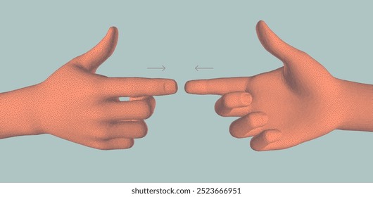 Zwei Hände, die in entgegengesetzte Richtungen zeigen. Konzept der menschlichen Beziehungen, Uneinigkeit, Opposition oder Interessenkonflikt. 3D-Vektorgrafik für Werbung, Marketing oder Präsentation.