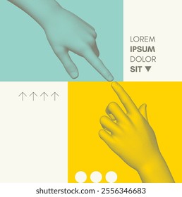 Two hands pointing in opposite directions. Concept of human relationships, disagreement, opposition or conflict of interest. 3d vector illustration for advertising, marketing or presentation.