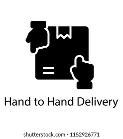 
Two hands pointing over a sealed package with index fingers to offer hand to hand delivery icon
