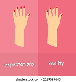 Dos manos con uñas pulidas y mensajes de texto expectativas y realidad