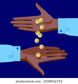 Two hands pour coins of the most famous money currency from one palm to another isolated on blue. Vector illustration in flat style. NOT AI generated