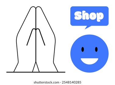 Dos manos en un gesto de oración se muestran junto a una cara sonriente con una burbuja de discurso que dice Tienda. Ideal para comercio electrónico, gratitud, espiritualidad, negocios y temas publicitarios. Minimalista, moderno