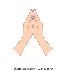 two hands in praying position. concept of trust and love, meditation art, spiritual peace, believe in bible, appeal to heaven, request for donated. flesh color simple linear sign on white background