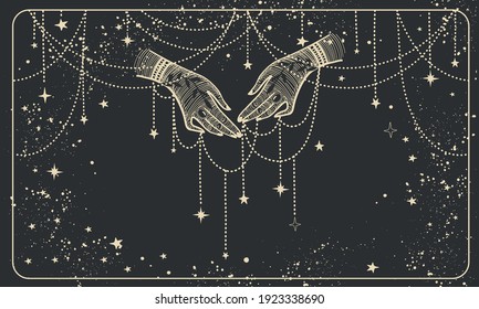 Two hands with precious threads on a black cosmic background. Boho design for palmistry, fortune teller divination, witch. Magic vector line illustration.