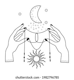 Two hands with precious threads on a white background. Boho design for palmistry, fortune teller divination, witch. Magic vector line illustration.