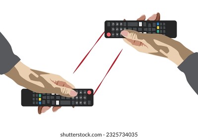Two hands pressing remote control one to each other