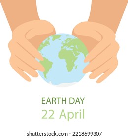 Two hands protect the earth. Hands cover the ground. Earth day banner. Vector illustration.