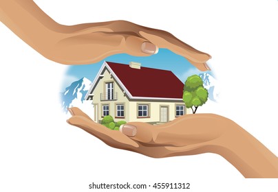 Two hands protect the house in mountain - vector illustration