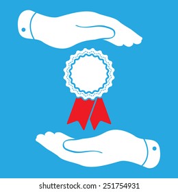 two hands protecting badge with red ribbons icon - vector illustration