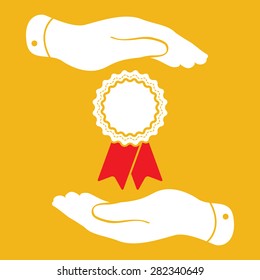 two hands protecting badge with red ribbons icon - vector illustration