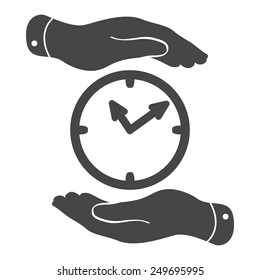 two hands protecting black clock icon on a white background - vector illustration