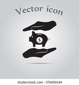 Two hands protecting dollar piggy bank vector icon