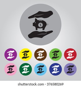 Two hands protecting dollar piggy bank vector icon