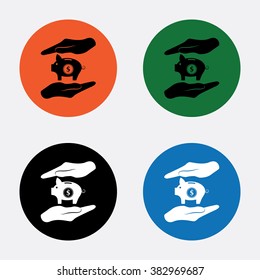 Two hands protecting dollar piggy bank vector icon