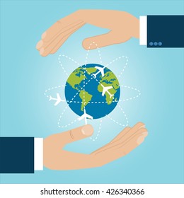 Two hands are protecting Earth with aircraft flying around.The continents shapes are altered ones from visibleearth.nasa.gov
