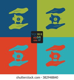 Two hands protecting euro piggy bank vector icon