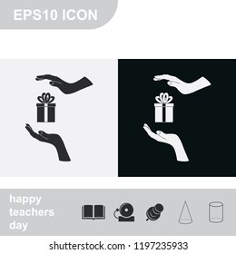 Two hands protecting or giving a present flat black and white vector icon.