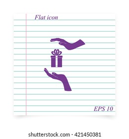 Two hands protecting or giving a present. Flat icon.