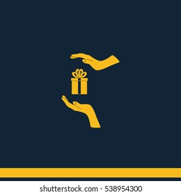 Two hands protecting or giving a present. Flat icon.