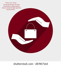 Two hands protecting or giving a shopping bag