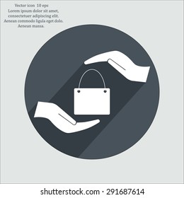 Two hands protecting or giving a shopping bag