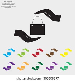 Two hands protecting or giving a shopping bag