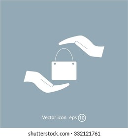 Two hands protecting or giving a shopping bag