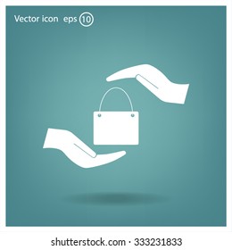 Two hands protecting or giving a shopping bag