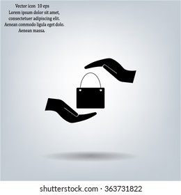 Two hands protecting or giving a shopping bag