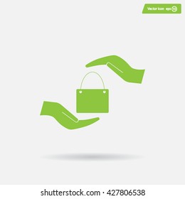 Two hands protecting or giving a shopping bag