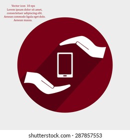 Two hands protecting or giving a smart phone