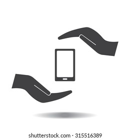 Two hands protecting or giving a smart phone